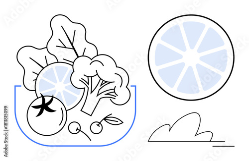 Leafy greens, broccoli, tomato, cherries in bowl, citrus slice, abstract bush. Ideal for wellness, healthy eating, nutrition vegan lifestyle organic farming food blogs simple flat metaphor