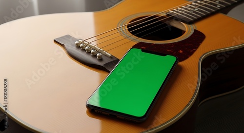 Acoustic guitar with a green screen smartphone lying on the strings, perfect for music app demonstrations or online lessons