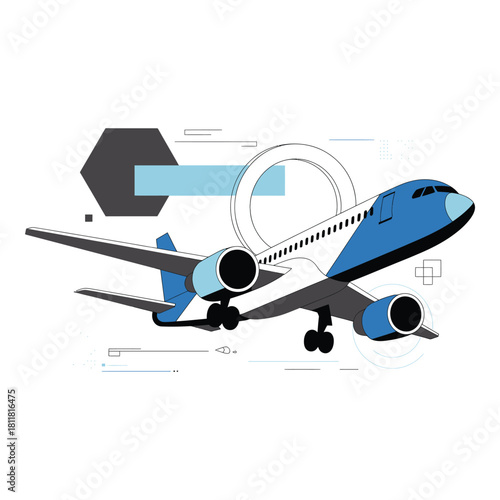 Modern airplane design blueprint with geometric shapes and looping elements
