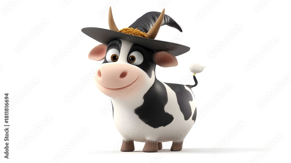 Obraz premium Cheerful Cartoon Cow Wearing a Magical Hat in a Whimsical Farm Scene