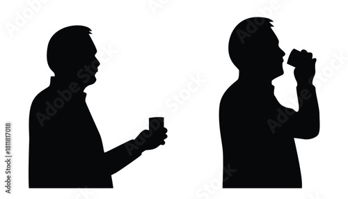 Bust Silhouette of Man Drinking from a Glass. People and drinks concept vector art