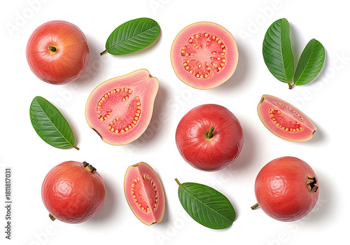 Top view flat lay of fresh pink guava fruits with leaves isolated on a white background.