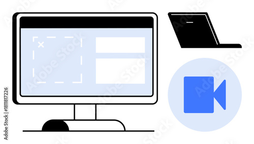 Computer monitor displaying screen-sharing interface, laptop, and video call camera icon. Ideal for remote work, communication, collaboration, virtual meetings, tutorials, technology teamwork