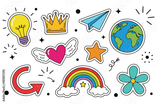Cute Colorful Sticker Patch Doodle Set with Lightbulb, Rainbow, and Crown
