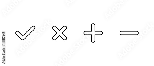 Check mark, cross, add, and remove icon in line style. Checkmark, X, plus, and minus symbol. Editable stroke