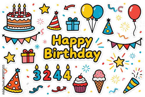 Happy Birthday Party Celebration Sticker and Doodle Element Set