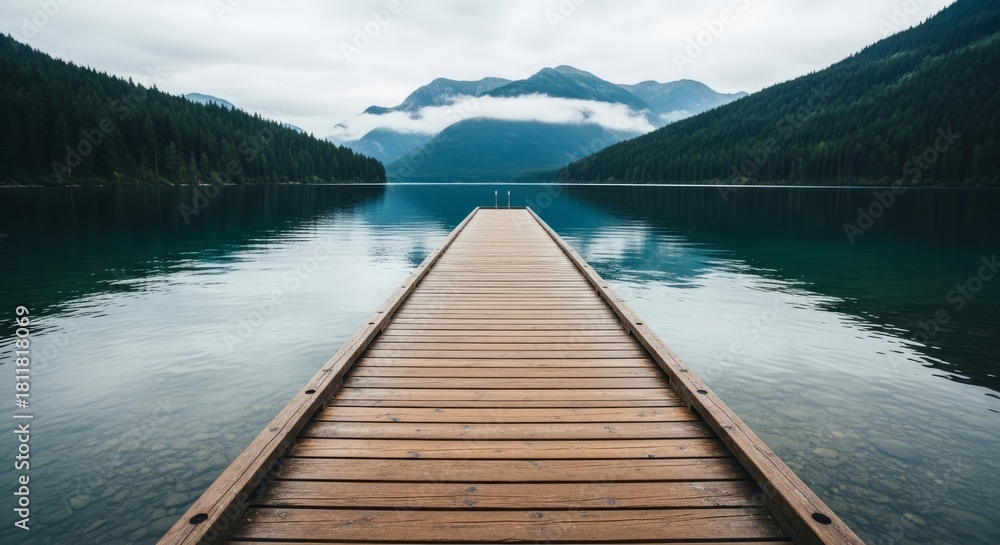Fototapeta premium Tranquil lake scene with wooden pier leading to mountains nature landscape reflection