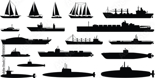 Sailboats cargo ships submarines silhouette, naval transport vessels fleet illustration, shipping and marine design elements, cad drawing flat vector illustration