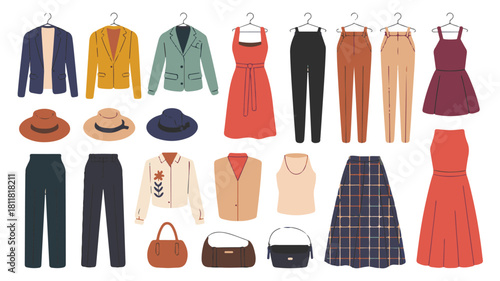 Flat lay of women's clothing and accessories including jackets dresses pants skirts and hats Keywords: women's fashion, clothing, apparel, outfit, style, fashion, collection