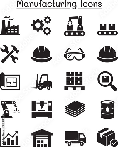 Manufacturing Vector Icon Sheet – Factory and Industry Silhouette Icons
