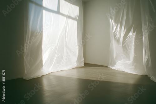 Big windows covered with plastic film indoors. 3d illustration. Protective painting foil covering.