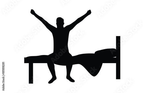 Silhouette of Man Sitting and Stretching Out on a Bed. People and morning routine vector art