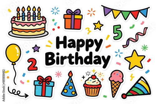 Happy Birthday Party Celebration Sticker and Doodle Element Set