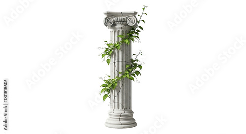 A classical stone column with fluted shaft and ornate capital, entwined with green vines and small white flowers, isolated on a white background.