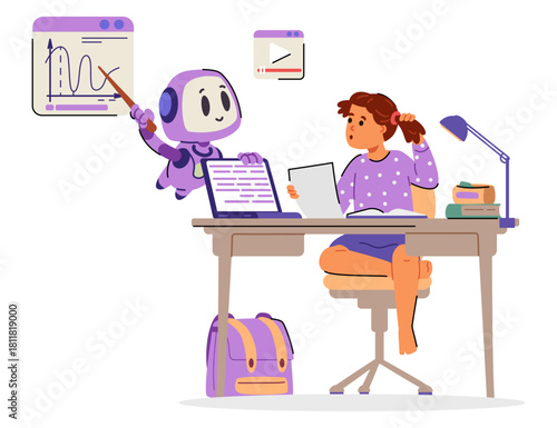 Artificial intelligence in school education concept flat vector illustration isolated on white. Ai robot explaining math to a school girl. 