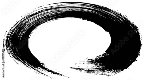 Hand-drawn Black Ink Brushstroke Circle on White Background - Abstract Calligraphic Grunge Texture Element for Zen Art Design