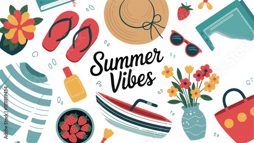 Summer vibes flat lay with beach and vacation essentials on a white background vector illustration