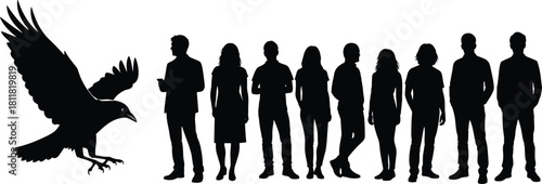 Bird and human silhouette vector art, CAD streetwear flat vector illustration, dramatic contrast, symbolic composition, black and white 