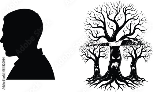 Human silhouette with haunted trees, surreal forest scene, twisted branches, eerie concept, vector illustration, black composition, fantasy design