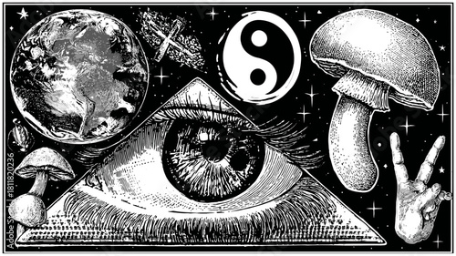 Mystical All-Seeing Eye, Yin Yang, Earth, Peace Hand & Psychedelic Mushroom Illustration - Esoteric Spiritual Engraving Art