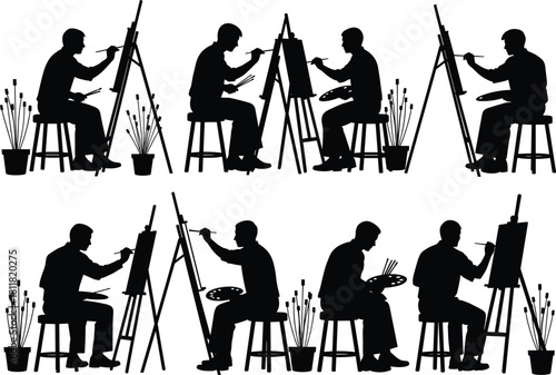 Silhouette of artists painting on easels, seated figures with plants, black vector art, creative scene, CAD illustration