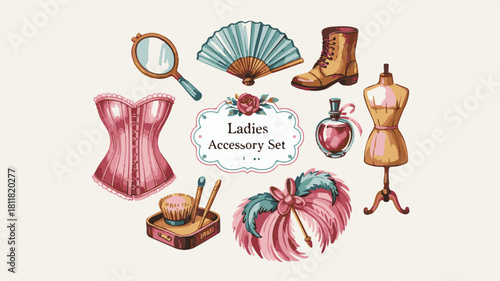 Watercolor Illustration of Vintage Ladies Accessory Set on Light Background ladies accessories