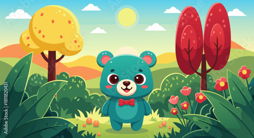 Cute cartoon bear in a colorful landscape illustration, perfect for children