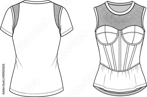 Women's fashion top technical sketch, mesh panel t-shirt, corset peplum blouse, apparel design, garment construction, vector illustration