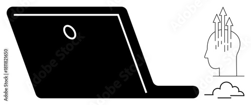 Technology concept. Technology ed by a laptop and a human head with upward arrows, growth and innovation. Technology inspires learning and progress. For digital transformation, IT solutions, growth
