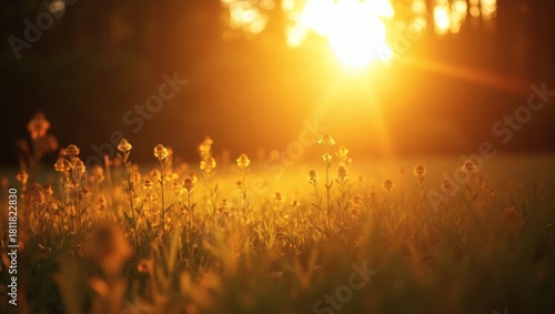 a golden sunset over a field of wildflowers, with the sun's rays casting a warm glow