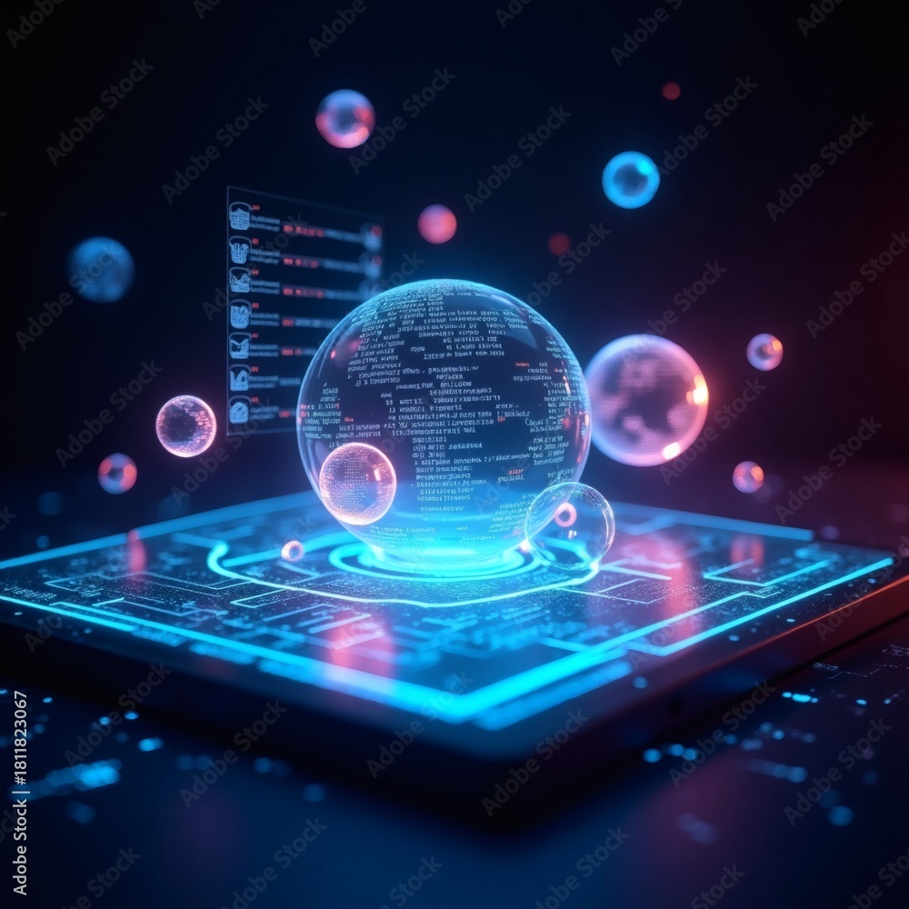 Fototapeta premium A futuristic and abstract digital design showcasing a high-tech glowing sphere within a circuit board, with bubbles around the image
