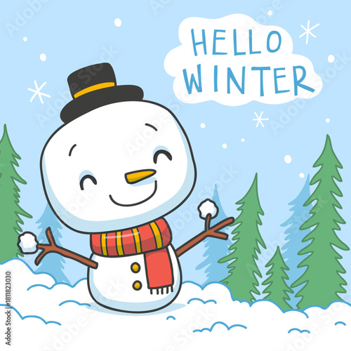 Cute Snowman Hello Winter Illustration