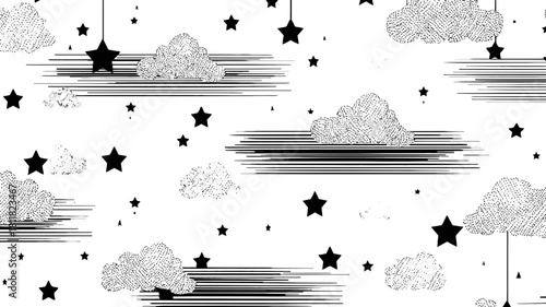 Hand-drawn monochrome seamless pattern with fluffy clouds and twinkling stars. Whimsical black and white sky background for textile or wallpaper.