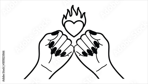 Two black manicured hands reaching up towards a flaming heart symbol on a white background female hands