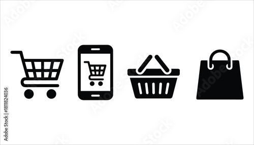 Black shopping cart icon smartphone screen shopping basket and shopping bag icons on white background