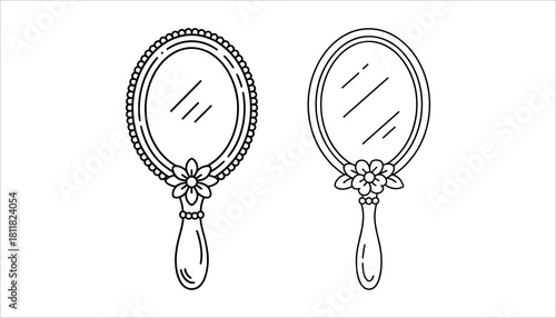 Two decorative hand mirrors with floral embellishments and beaded handles shown in black outline on a white background