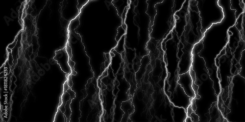 Dramatic Electric Lightning Strikes Abstract Pattern on Black Background. Lightning Effect Overlay, Isolated Electric Thunderstorm Bolt Strikes on Dark Night Sky Background.	