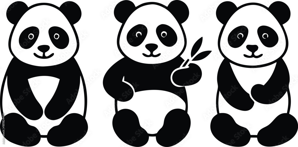 Naklejka premium Cute Animal Panda characters set. Hand drawn wild animal cartoon design of panda in different pose, sitting, Adorable bear mascot silhouette vector illustration for sticker, clipart, education