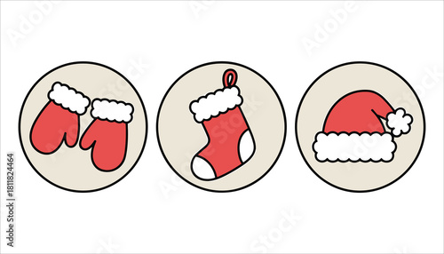 Three circular icons featuring red Christmas mittens a stocking and a Santa hat with white trim holiday