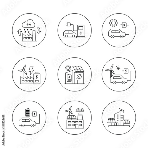 Modern Technology, Industry, and Sustainability Line Icons Set