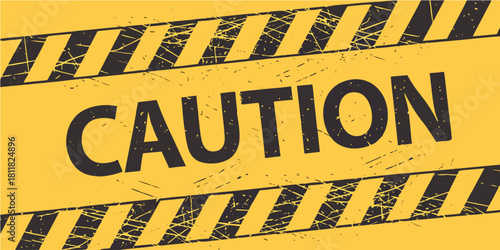 Yellow and black hazard caution sign banner with grunge distressed texture and striped border suitable for construction safety warning and industrial alert announcement