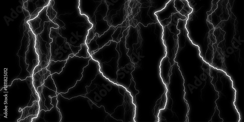 Dramatic Electric Lightning Strikes Abstract Pattern on Black Background. Lightning Effect Overlay, Isolated Electric Thunderstorm Bolt Strikes on Dark Night Sky Background.	