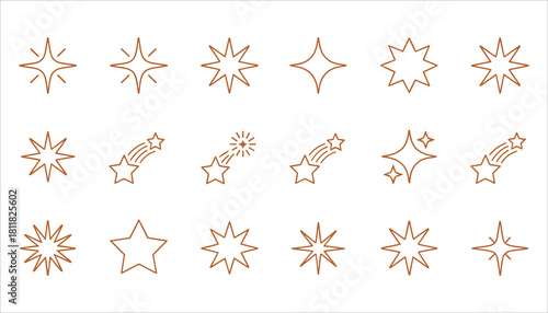 Collection of brown outline starbursts and shooting stars on white background sparkle twinkle