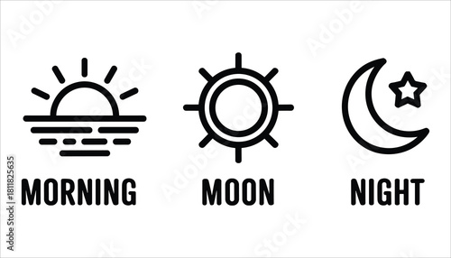Simple black line icons representing morning sun moon and night sky with text morning sun icon sun rays