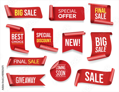 New collection and big sale banners, Best choice, special offer, order now, Final Sale. Red ribbons, tags and stickers isolated on white background 01.eps