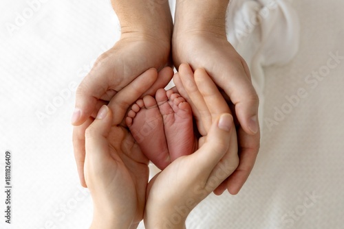 Tiny Toes, Big Love Newborn Feet Held in Parent s Hands on White Fabric Background. Family Bond
