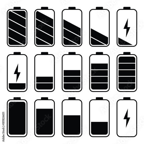 Battery charge level indicators icons set. Discharged and fully charged battery. Set of battery icons. level battery energy. Vector battery power icon powerfully charged. eps 10