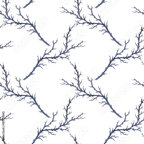 Seamless pattern of branches of thorny shrub. Hand-drawn in watercolor. For fabric, packaging, and covers.