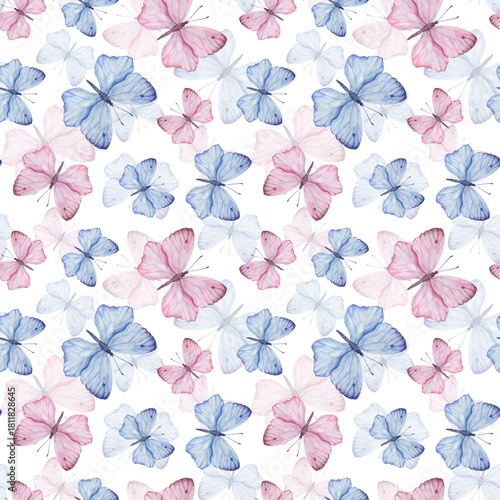 Delicate seamless pattern with pink and blue watercolor butterflies. For fabric, wallpaper, wrapping paper, gift wrapping, cover.