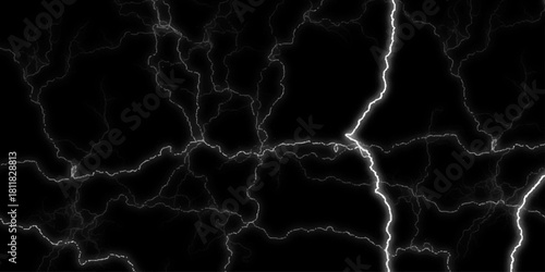 Dramatic Electric Lightning Strikes Abstract Pattern on Black Background. Lightning Effect Overlay, Isolated Electric Thunderstorm Bolt Strikes on Dark Night Sky Background.	